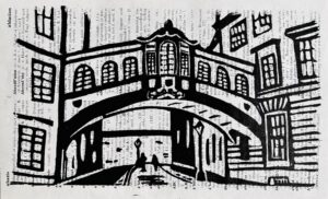 Abingdon Artists: Freya J Morris - Oxford Bridge of Sighs on a Vintage Oxford Dictionary Page. Linocut £29.99.