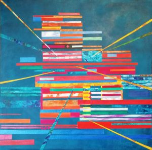 Abingdon Artists: Carolyn Hawkes - Composition in Red - Acrylic paint and collage on canvas 60 x 60cm £290.