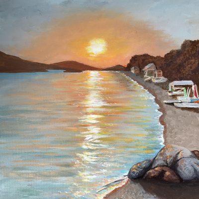 Sunset in Foca.  Acrylic on canvas board