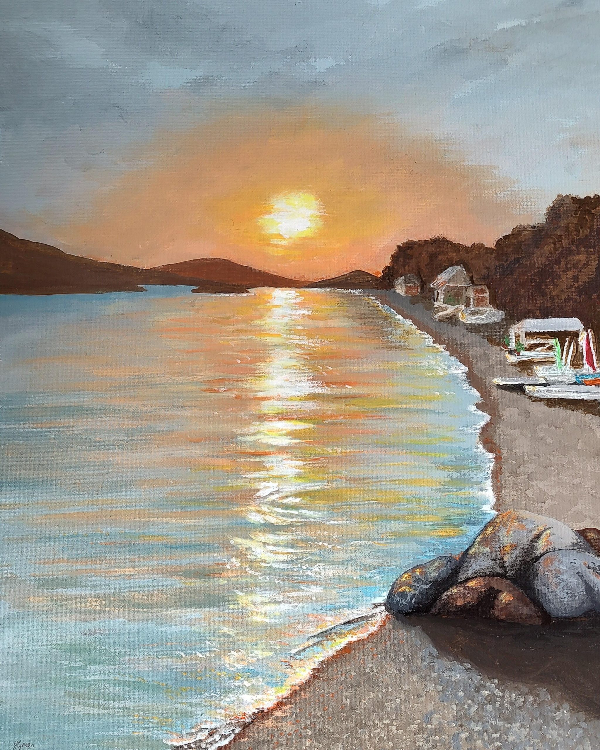 Oxon Artmakers: Sunset in Foca. Acrylic on canvas board