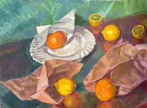 Neville Crowson: Fruit and Bags still-life